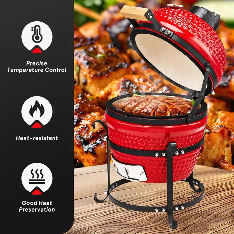 Barbecue au charbon de bois sphérique en céramique ROVSUN 13 pouces rouge avec revêtement intérieur, fumoir portable pour la cuisine en extérieur, le camping et les grillades dans le jardin