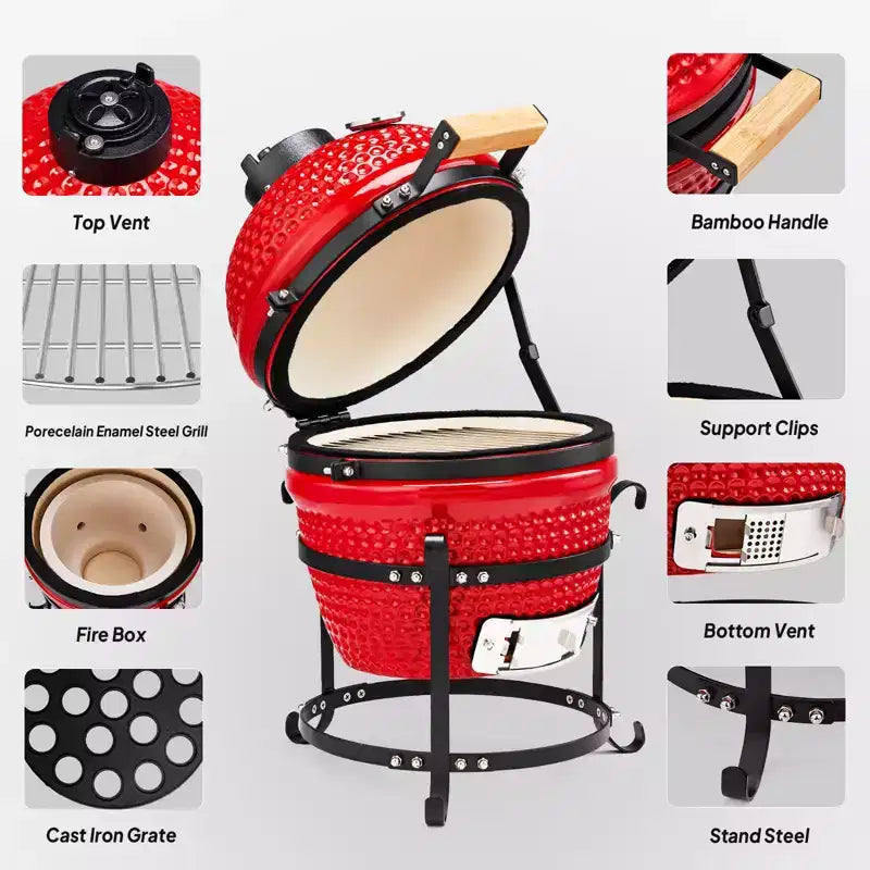 Barbecue au charbon de bois sphérique en céramique ROVSUN 13 pouces rouge avec revêtement intérieur, fumoir portable pour la cuisine en extérieur, le camping et les grillades dans le jardin