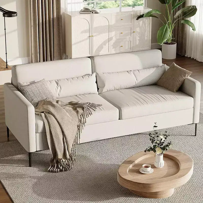 80in Comfy Couch, 3 Seater Sofa with Metal Legs, Deep Seat Sofa with Beige Linen Fabric Modern Sofa Couch for Living Room, Apparment, Office