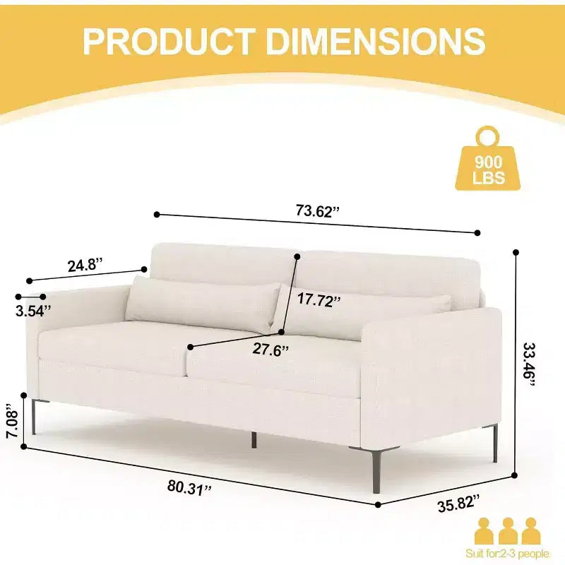 Canapé confortable de 80 po, canapé 3 places avec pieds en métal, canapé à assise profonde avec tissu de lin beige, canapé moderne pour salon, appartement, bureau