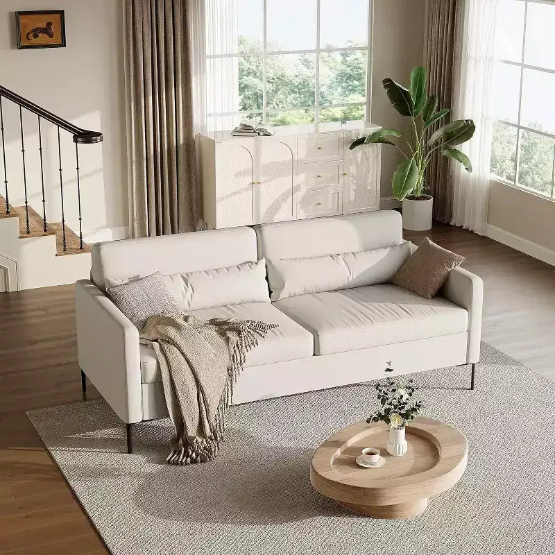Canapé confortable de 80 po, canapé 3 places avec pieds en métal, canapé à assise profonde avec tissu de lin beige, canapé moderne pour salon, appartement, bureau