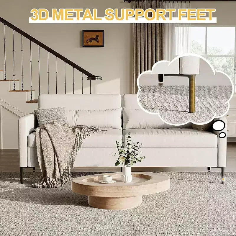 Canapé confortable de 80 po, canapé 3 places avec pieds en métal, canapé à assise profonde avec tissu de lin beige, canapé moderne pour salon, appartement, bureau