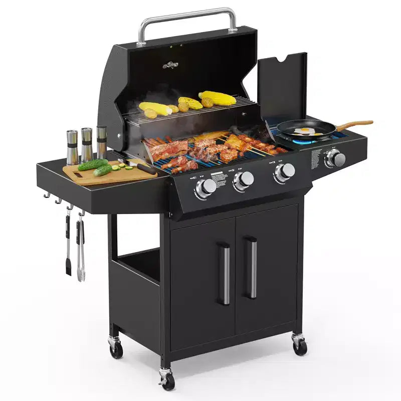 ROVSUN 3 Burner Propane Gas Grill with Side Burner, BBQ Grills with Enameled Cast Iron Grates & Cabinet for Outdoor Garden Patio Backyard Barbecue