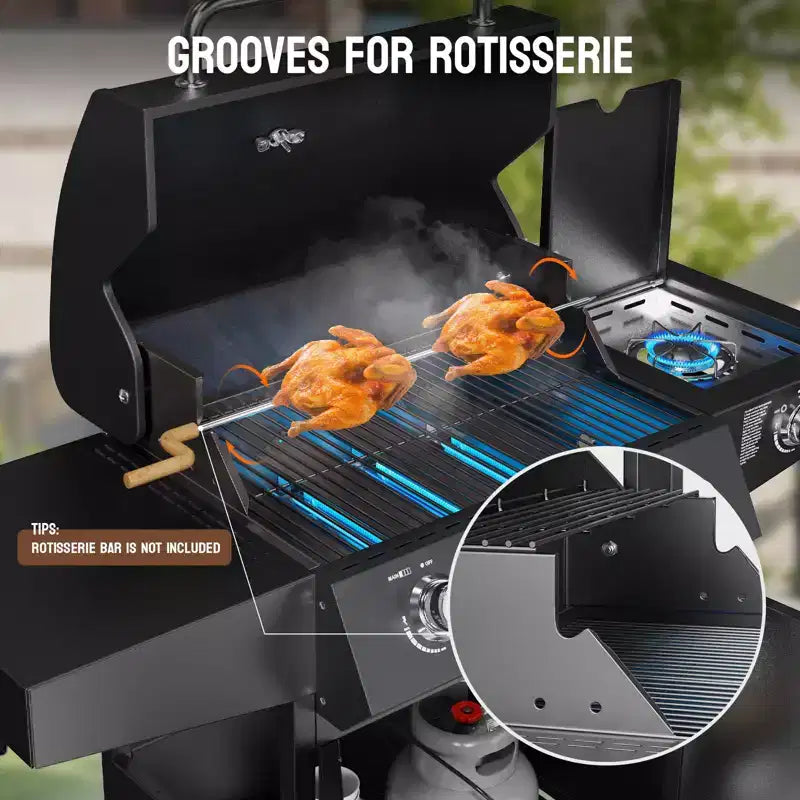 ROVSUN Barbecue à gaz propane 3 brûleurs avec brûleur latéral, barbecues avec grilles en fonte émaillée et armoire pour jardin, patio et arrière-cour