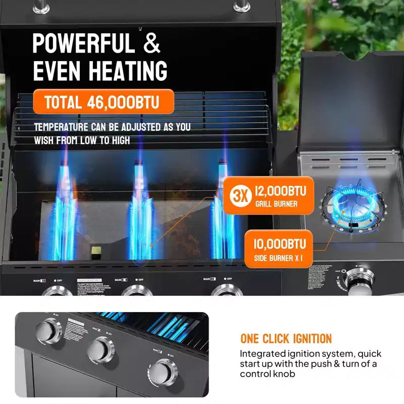 ROVSUN Barbecue à gaz propane 3 brûleurs avec brûleur latéral, barbecues avec grilles en fonte émaillée et armoire pour jardin, patio et arrière-cour
