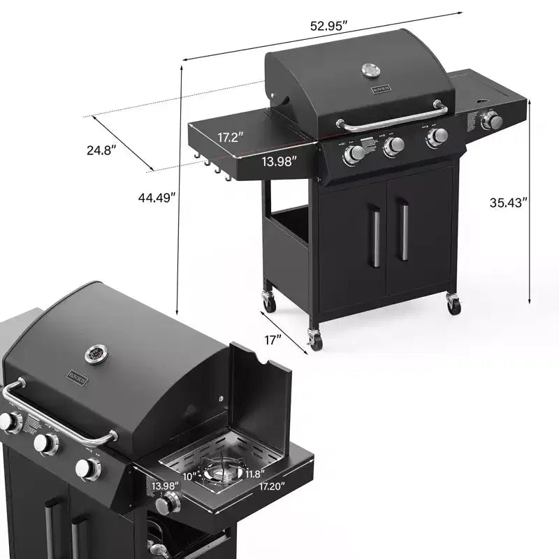 ROVSUN Barbecue à gaz propane 3 brûleurs avec brûleur latéral, barbecues avec grilles en fonte émaillée et armoire pour jardin, patio et arrière-cour