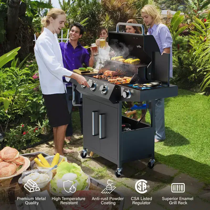 ROVSUN Barbecue à gaz propane 3 brûleurs avec brûleur latéral, barbecues avec grilles en fonte émaillée et armoire pour jardin, patio et arrière-cour