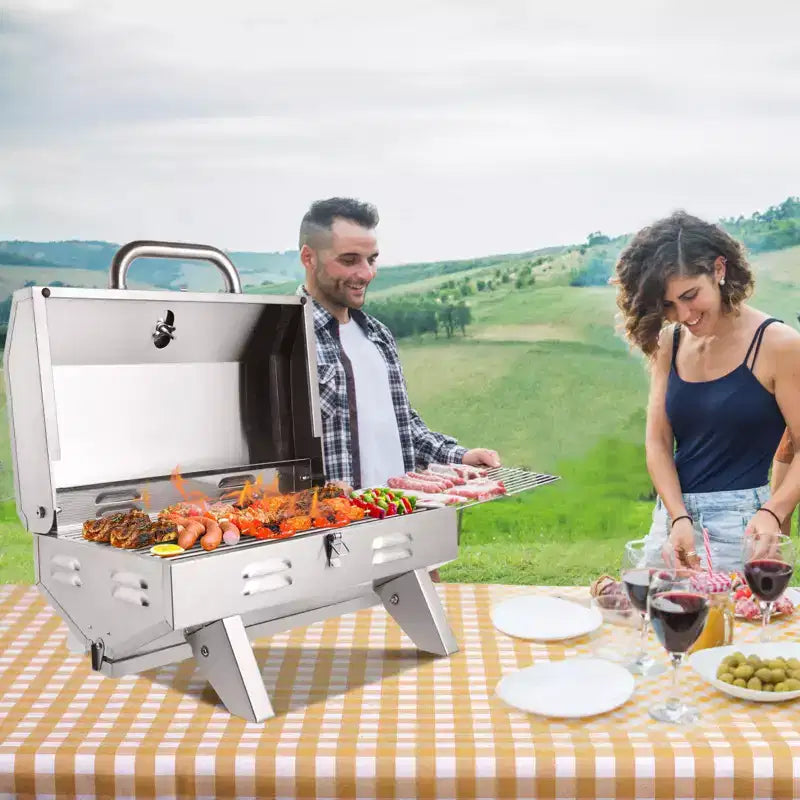 ROVSUN 1 Burner Portable Propane Gas Grill, 12000BTU Stainless Steel Tabletop Outdoor Cooking Grill for Picnic Camping RV Tailgating Patio Garden BBQ