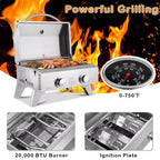 ROVSUN 1 Burner Portable Propane Gas Grill, 12000BTU Stainless Steel Tabletop Outdoor Cooking Grill for Picnic Camping RV Tailgating Patio Garden BBQ