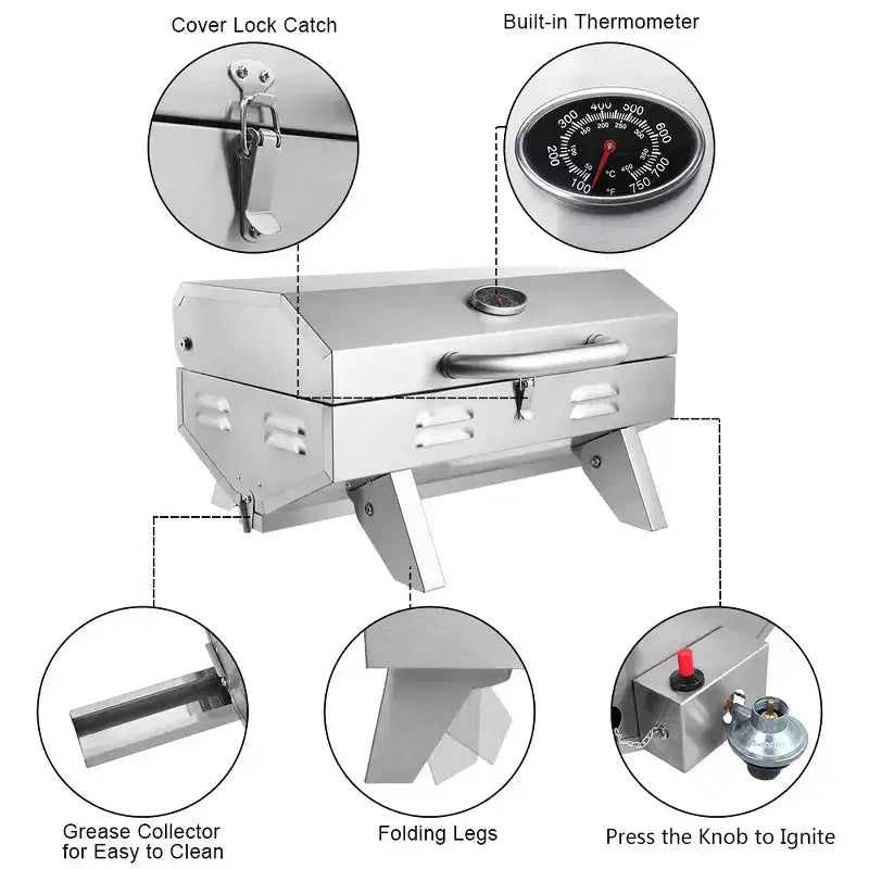 ROVSUN 1 Burner Portable Propane Gas Grill, 12000BTU Stainless Steel Tabletop Outdoor Cooking Grill for Picnic Camping RV Tailgating Patio Garden BBQ