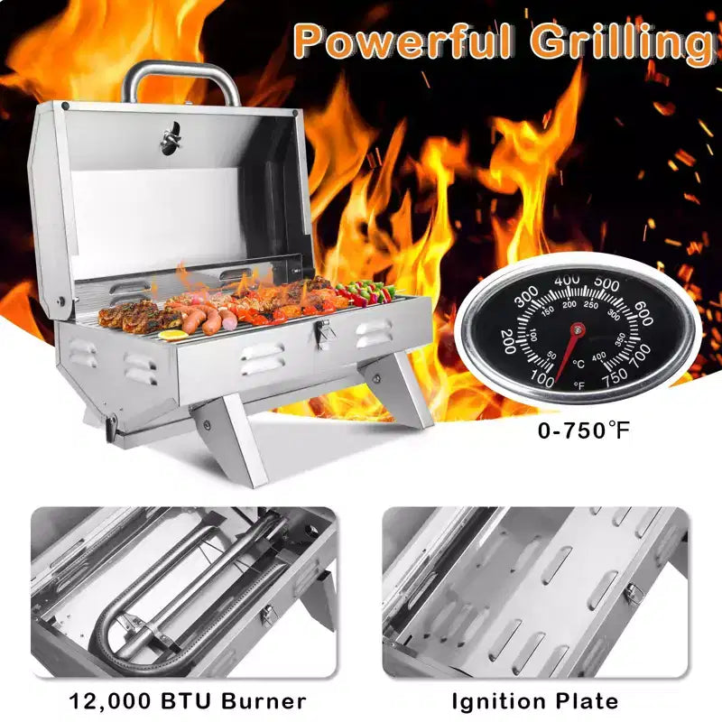 ROVSUN 1 Burner Portable Propane Gas Grill, 12000BTU Stainless Steel Tabletop Outdoor Cooking Grill for Picnic Camping RV Tailgating Patio Garden BBQ