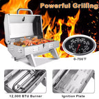 ROVSUN 1 Burner Portable Propane Gas Grill, 12000BTU Stainless Steel Tabletop Outdoor Cooking Grill for Picnic Camping RV Tailgating Patio Garden BBQ