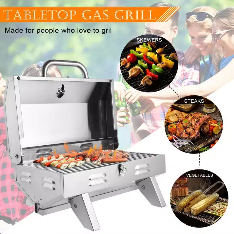 ROVSUN 1 Burner Portable Propane Gas Grill, 12000BTU Stainless Steel Tabletop Outdoor Cooking Grill for Picnic Camping RV Tailgating Patio Garden BBQ