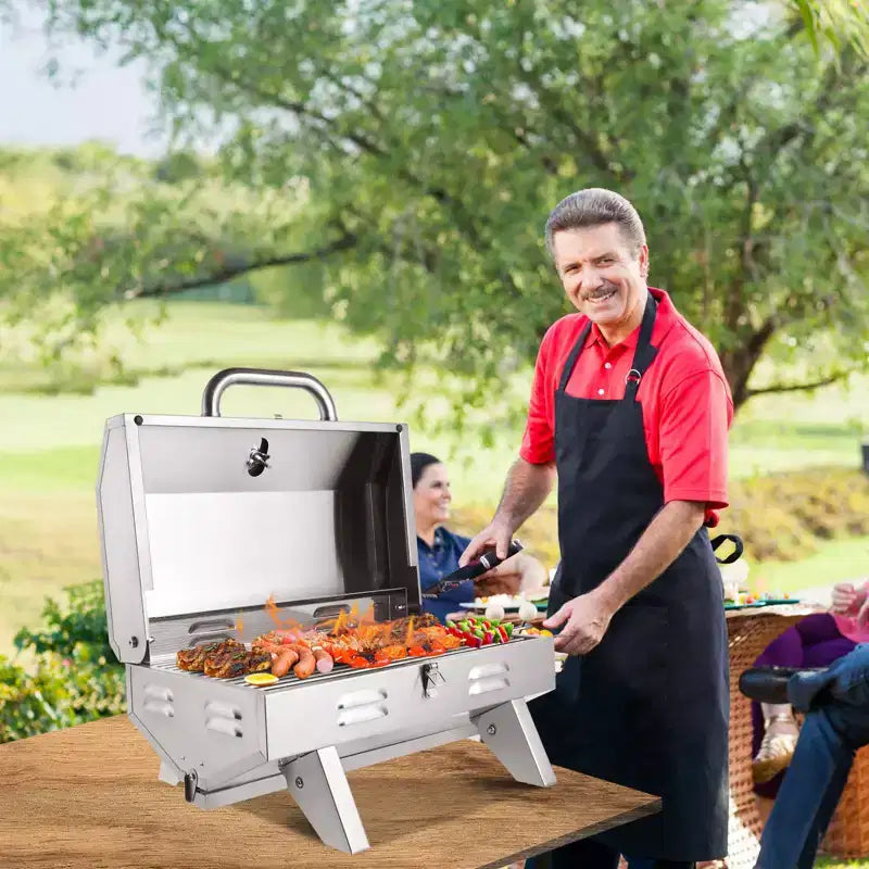 ROVSUN 1 Burner Portable Propane Gas Grill, 12000BTU Stainless Steel Tabletop Outdoor Cooking Grill for Picnic Camping RV Tailgating Patio Garden BBQ