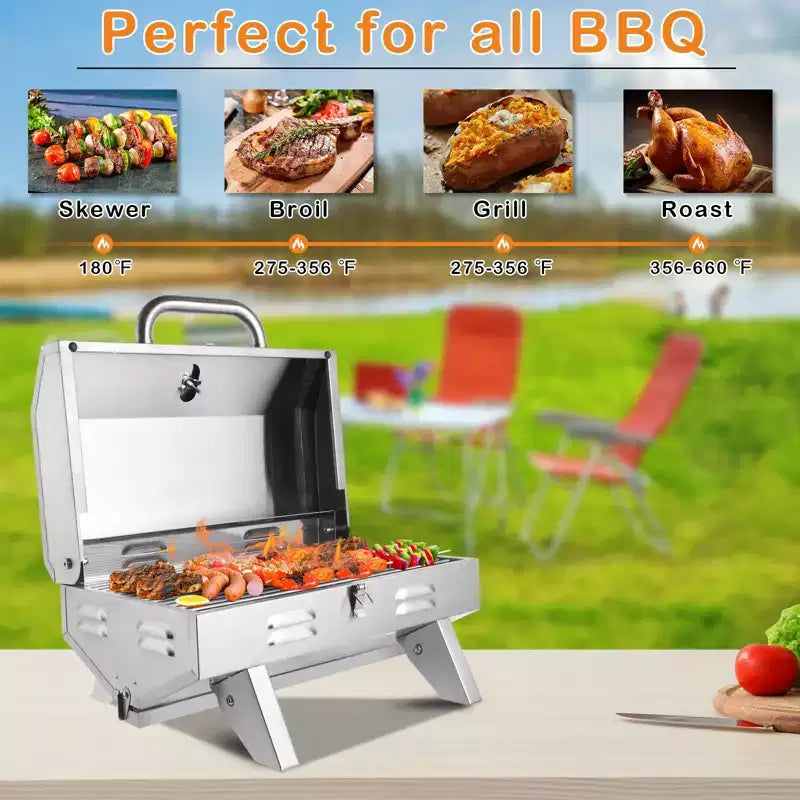 ROVSUN 1 Burner Portable Propane Gas Grill, 12000BTU Stainless Steel Tabletop Outdoor Cooking Grill for Picnic Camping RV Tailgating Patio Garden BBQ