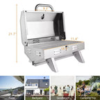 ROVSUN 1 Burner Portable Propane Gas Grill, 12000BTU Stainless Steel Tabletop Outdoor Cooking Grill for Picnic Camping RV Tailgating Patio Garden BBQ