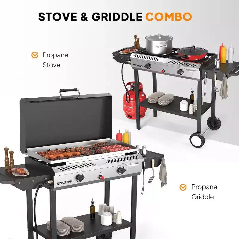 ROVSUN 2 Burner Outdoor Propane Gas Stove with Ignition, Regulator & Shelf, 150,000 BTU Powerful Cooker for Backyard Patio Home Cooking Frying Canning