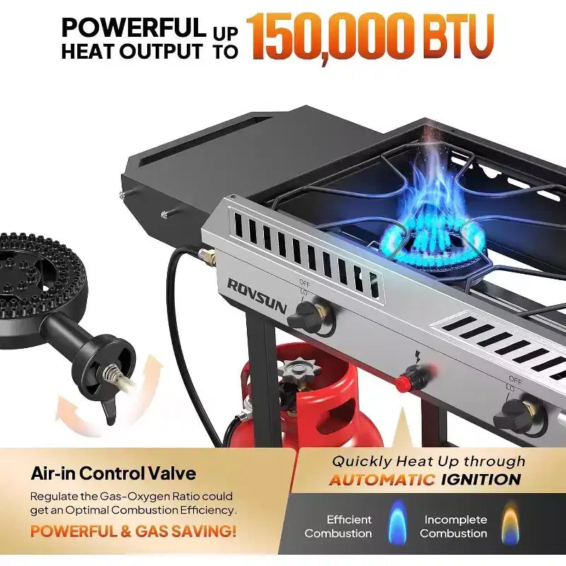 ROVSUN 2 Burner Outdoor Propane Gas Stove with Ignition, Regulator & Shelf, 150,000 BTU Powerful Cooker for Backyard Patio Home Cooking Frying Canning