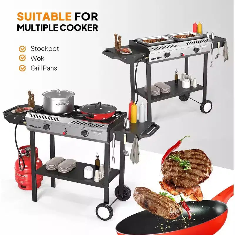 ROVSUN 2 Burner Outdoor Propane Gas Stove with Ignition, Regulator & Shelf, 150,000 BTU Powerful Cooker for Backyard Patio Home Cooking Frying Canning