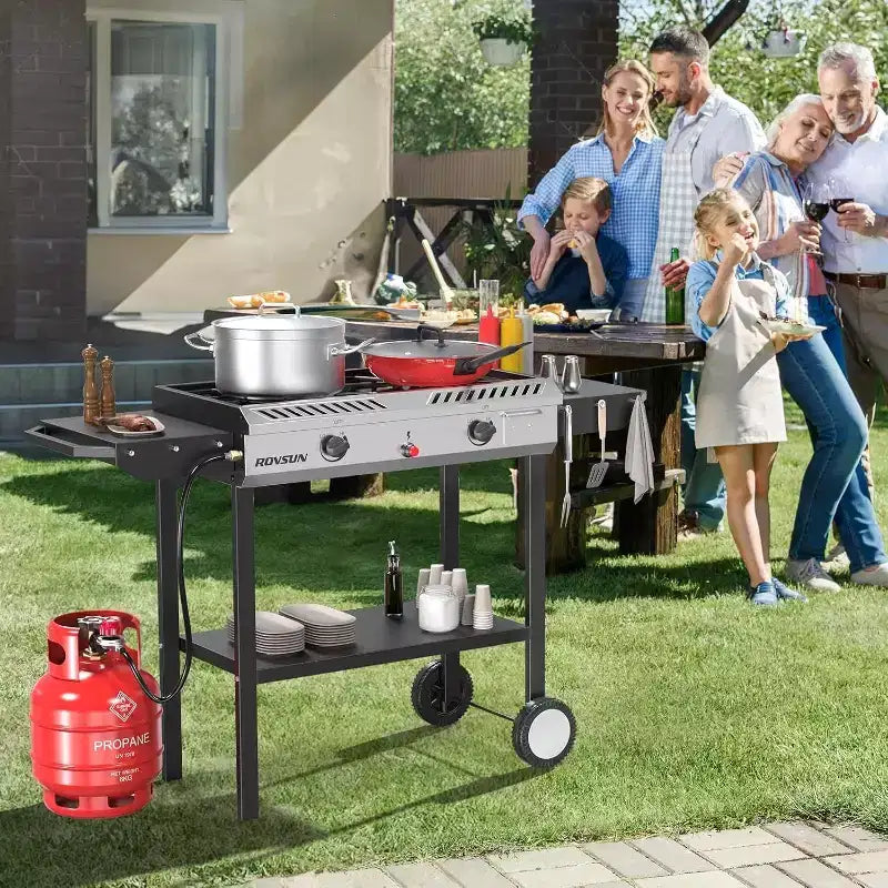 ROVSUN 2 Burner Outdoor Propane Gas Stove with Ignition, Regulator & Shelf, 150,000 BTU Powerful Cooker for Backyard Patio Home Cooking Frying Canning