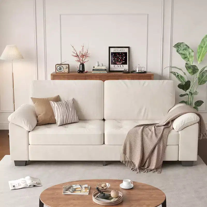 Modern Sofa 2-Seater Couches, Removable Medium Firm Sofa Cushion, Pull-Out Velvet Convertible Sofa, Side Pocket, for Living Room, Beige