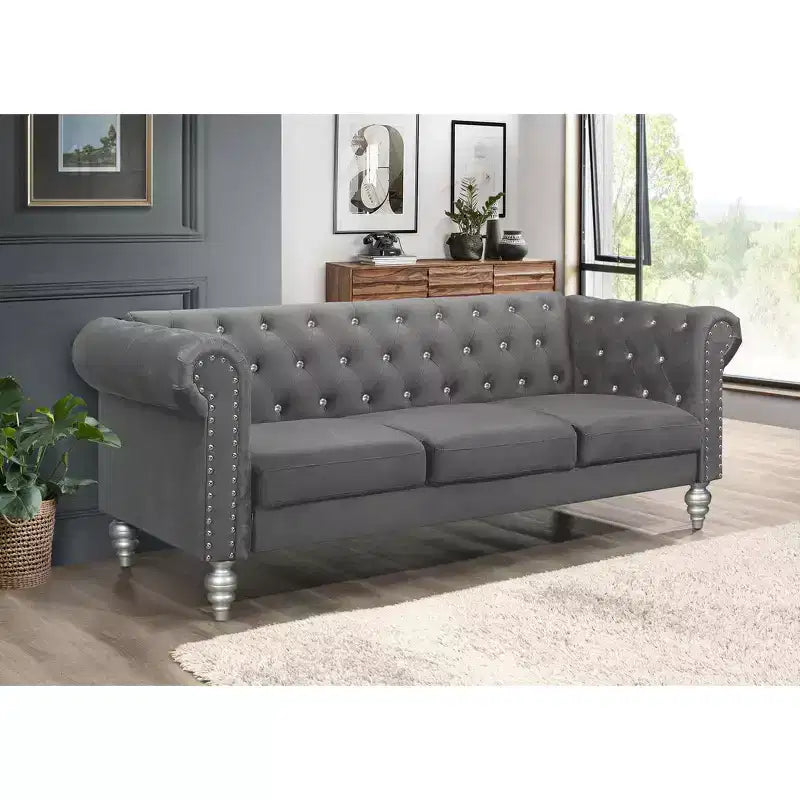 Home Design Emma Velvet Rolled Arm Sofa