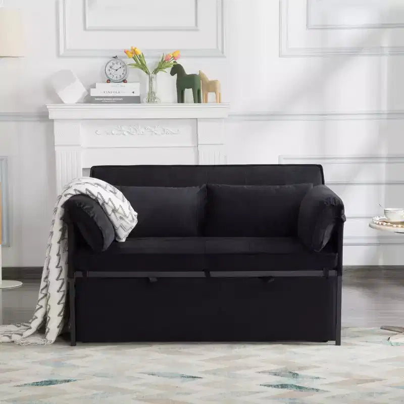 MAYEERTY 46 Velvet Pull-Out Sleeper Sofa Bed, 5-Position Adjustable Backrest Twin Sofa Couch with 2 Pillows