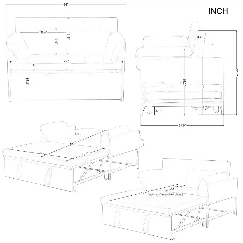 MAYEERTY 46 Velvet Pull-Out Sleeper Sofa Bed, 5-Position Adjustable Backrest Twin Sofa Couch with 2 Pillows