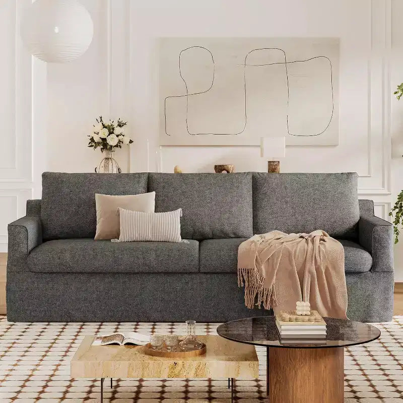 Dyonery 93'' 3-seater sofa with deep seats, modern upholstered sofa with wide armrests, detachable Chenille cover, sofa living room, apartment, grey