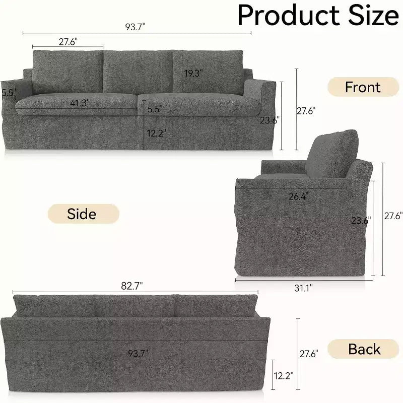 Dyonery 93'' 3-seater sofa with deep seats, modern upholstered sofa with wide armrests, detachable Chenille cover, sofa living room, apartment, grey