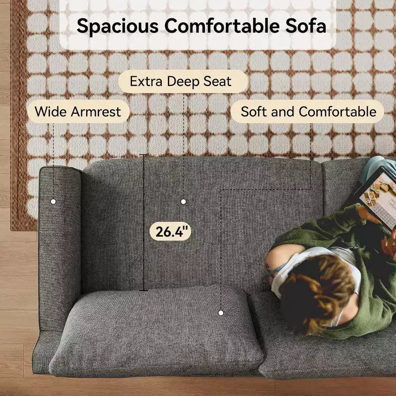 Dyonery 93'' 3-seater sofa with deep seats, modern upholstered sofa with wide armrests, detachable Chenille cover, sofa living room, apartment, grey