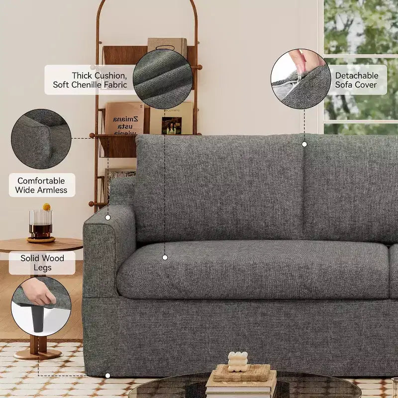 Dyonery 93'' 3-seater sofa with deep seats, modern upholstered sofa with wide armrests, detachable Chenille cover, sofa living room, apartment, grey