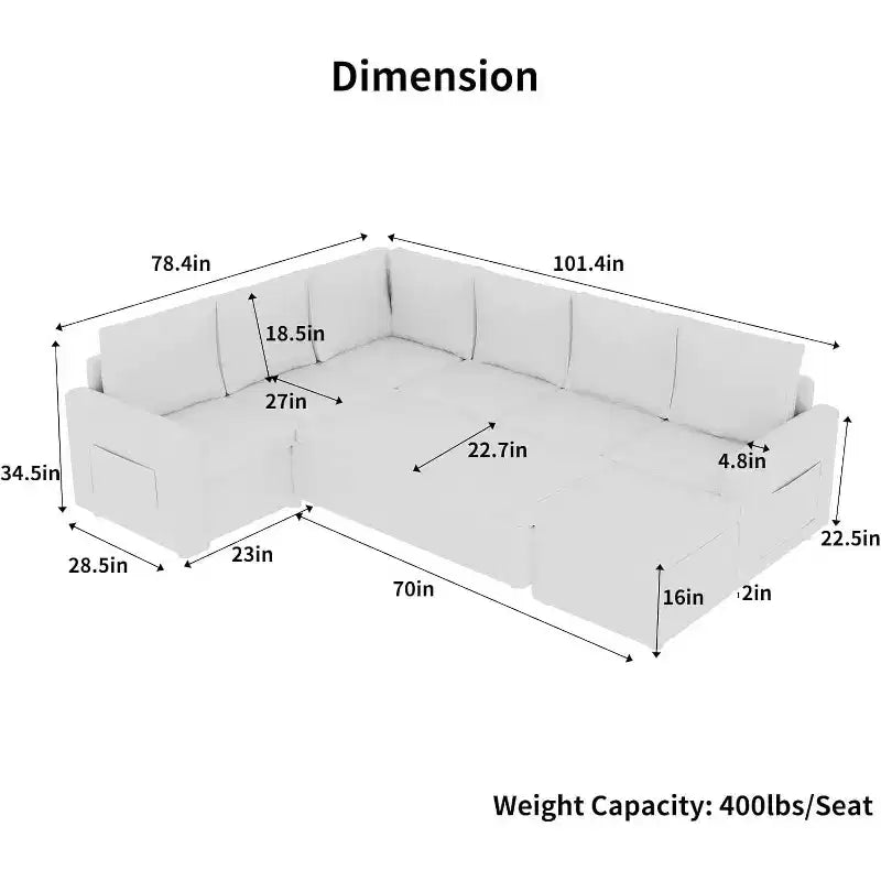Dyonery combination sofa with pull-out bed, high-end modern linen U-shaped sofa bed, 101 convertible sofa, 7-seater combination sofa, beige