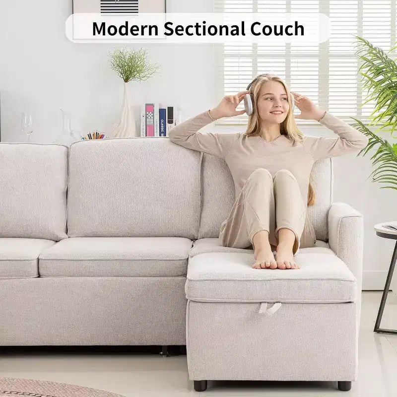 Dyonery combination sofa with pull-out bed, high-end modern linen U-shaped sofa bed, 101 convertible sofa, 7-seater combination sofa, beige