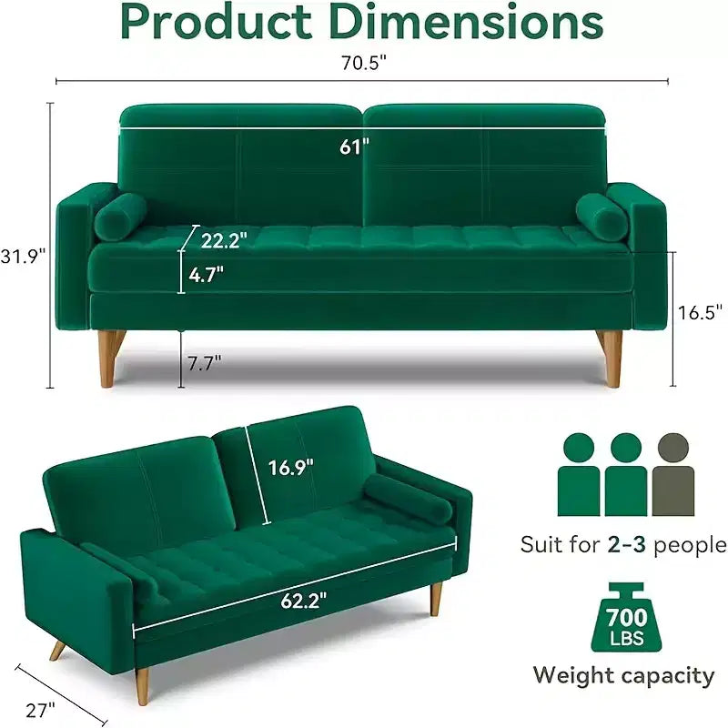 Canapé 3 places Dyonery, canapé en velours de 173 cm avec coussin et oreiller en velours, canapé moderne du milieu du siècle, adapté au salon, appartement