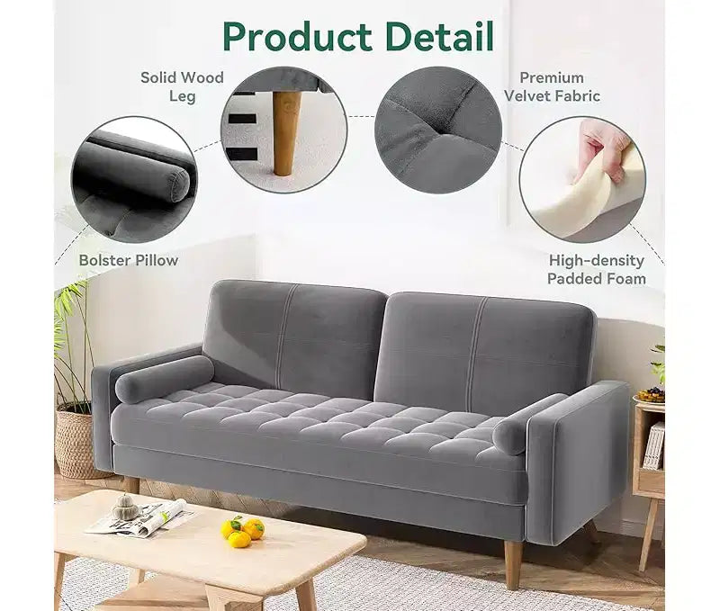 Canapé 3 places Dyonery, canapé en velours de 173 cm avec coussin et oreiller en velours, canapé moderne du milieu du siècle, adapté au salon, appartement