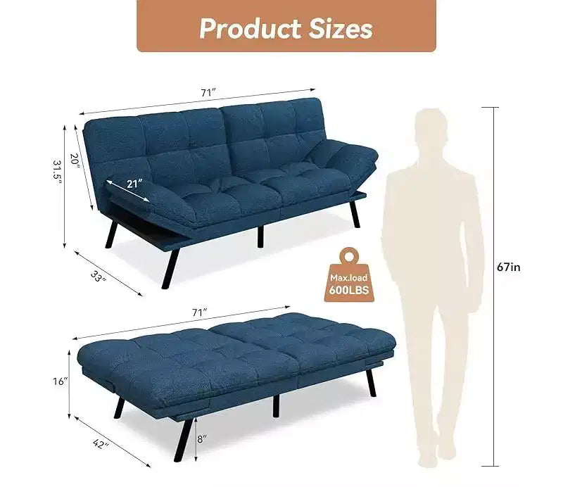 Canapé Futon Convertible Dyonery avec Dossier Réglable et Accoudoirs Amovibles, Causeuse Lit Pliante pour Petit Espace de Salon