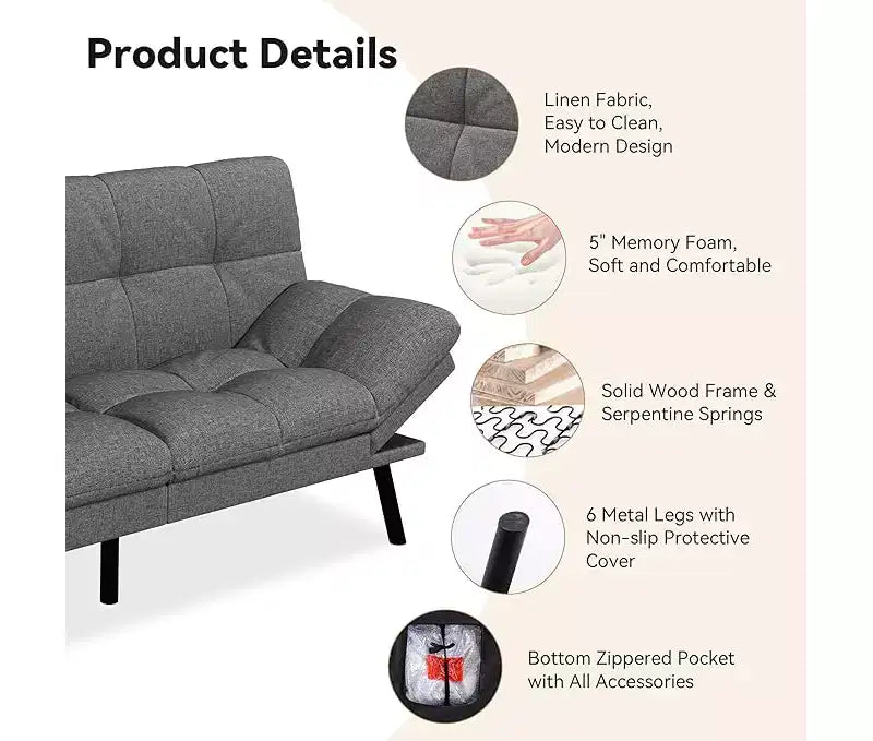 Canapé Futon Convertible Dyonery avec Dossier Réglable et Accoudoirs Amovibles, Causeuse Lit Pliante pour Petit Espace de Salon