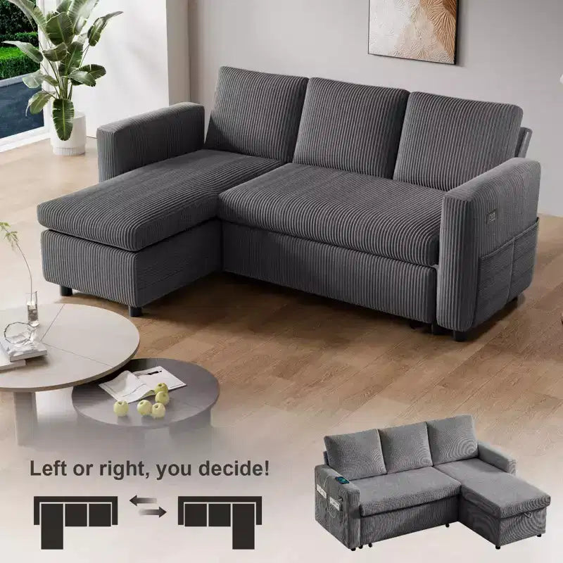 Dyonery 81-inch multi-functional sofa bed, L-shaped sofa, pull-out sofa, adjustable backrest, tool-free installation, corduroy