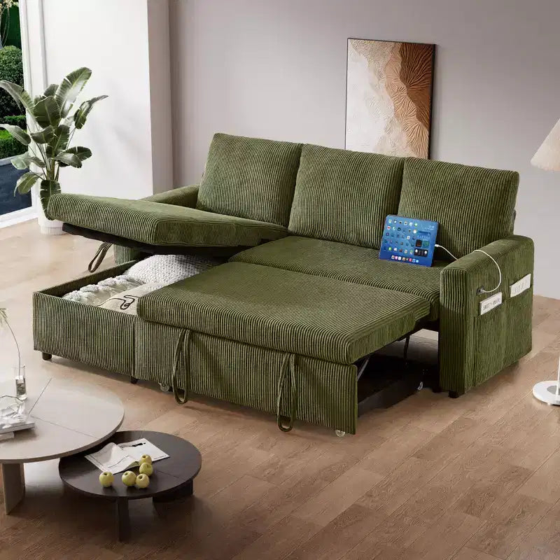 Dyonery 81-inch multi-functional sofa bed, L-shaped sofa, pull-out sofa, adjustable backrest, tool-free installation, corduroy