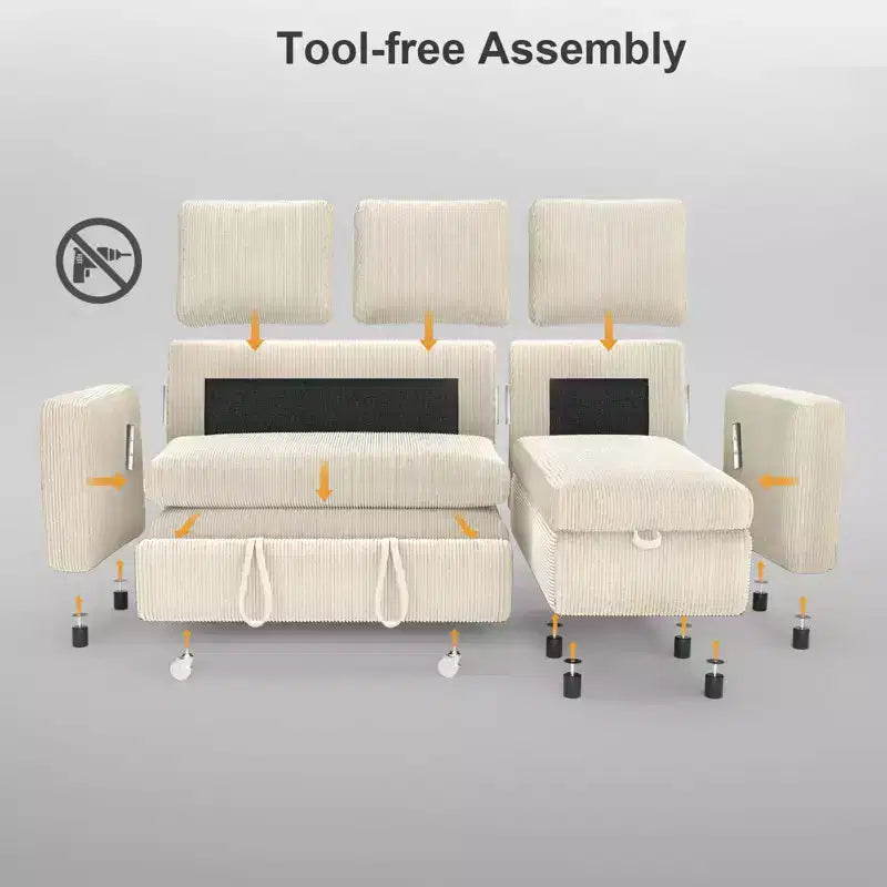 Dyonery 81-inch multi-functional sofa bed, L-shaped sofa, pull-out sofa, adjustable backrest, tool-free installation, corduroy