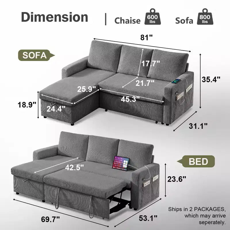 Dyonery 81-inch multi-functional sofa bed, L-shaped sofa, pull-out sofa, adjustable backrest, tool-free installation, corduroy