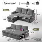 Dyonery 81-inch multi-functional sofa bed, L-shaped sofa, pull-out sofa, adjustable backrest, tool-free installation, corduroy