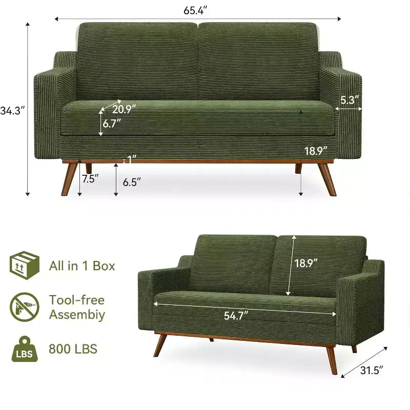 Dyonery 65.4 Sofa, comfortable sofa, living room sofa, medieval modern small sofa, with spring pads, solid wood frame, tool-free assembly