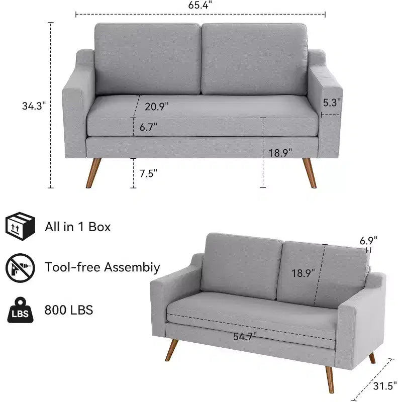Dyonery 65.4 Sofa, comfortable linen sofa, medieval modern small sofa, with spring pads, solid wood frame, tool-free assembly