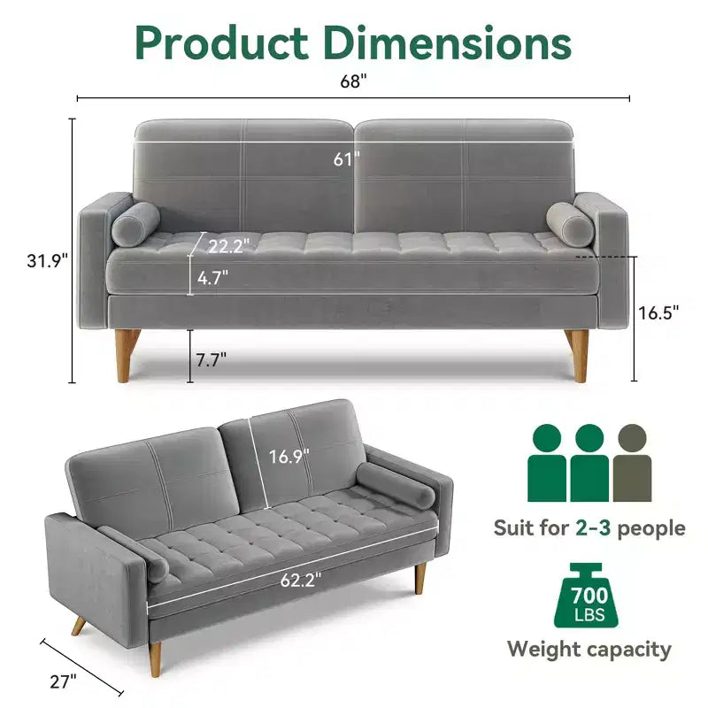 Dyonery 68 Sofa Velvet Loveseat Couch Mid Century Modern Sofa Couch with Solid Wood Legs