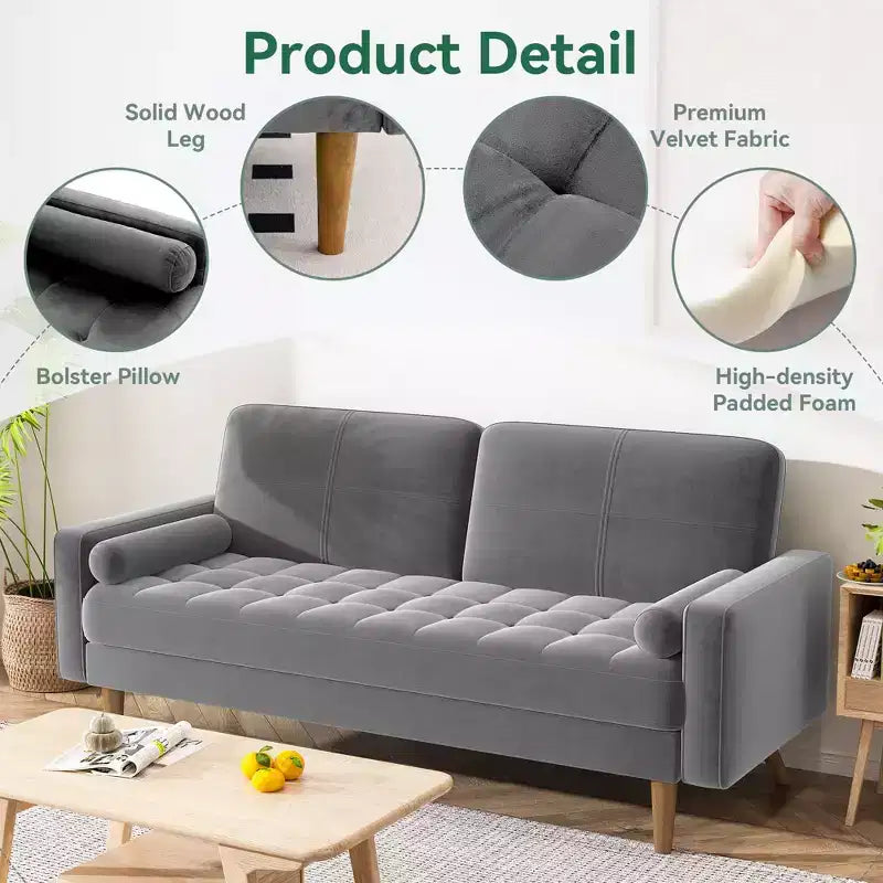 Dyonery 68 Sofa Velvet Loveseat Couch Mid Century Modern Sofa Couch with Solid Wood Legs