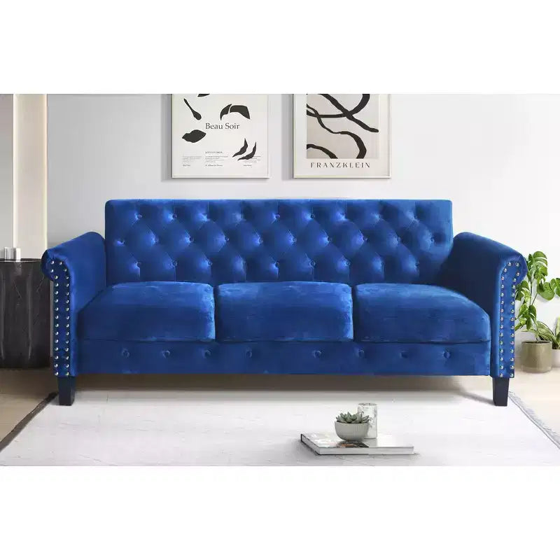 Home Design Casper Velvet Rolled Arm Sofa, Navy Blue