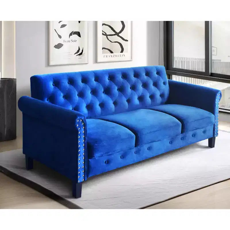 Home Design Casper Velvet Rolled Arm Sofa, Navy Blue
