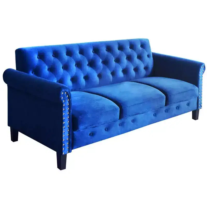 Home Design Casper Velvet Rolled Arm Sofa, Navy Blue